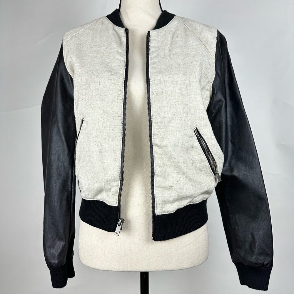 Two by Vince Camuto ivory linen & black faux leather varsity jacket - size small
